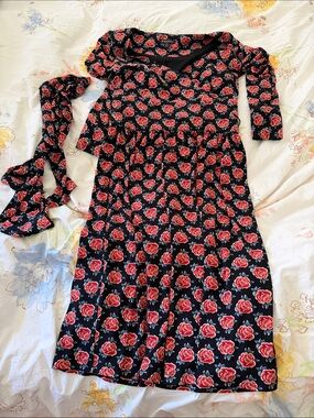 Brooks Brothers Black Midi Dress with Red Rose Print